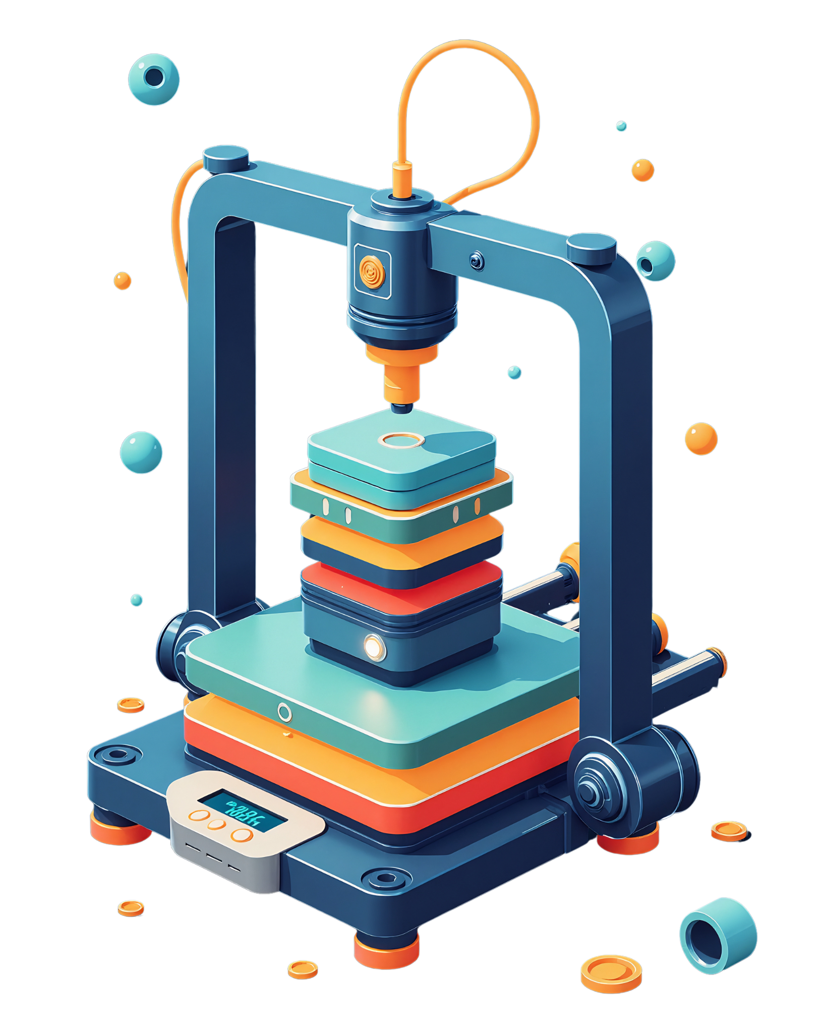 A TCoops Create graphic representing a 3D printer printing an object layer by layer in a digital art icon style.