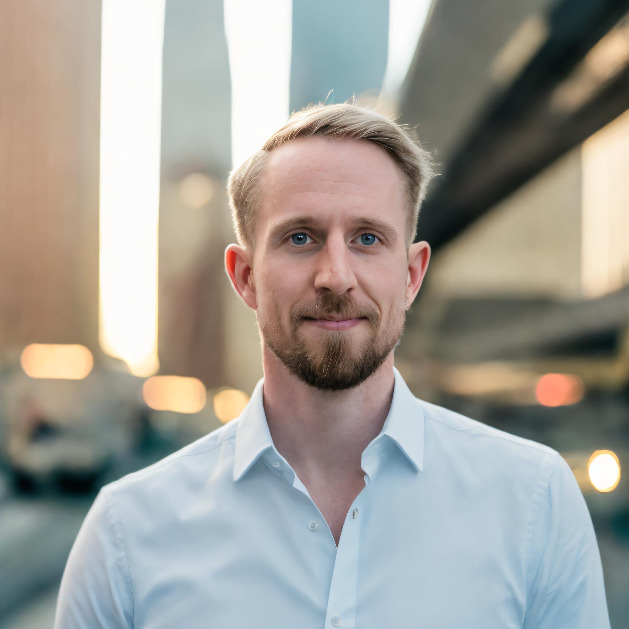 Portrait of a young man with a beard, wearing a white button-up shirt, standing confidently in an urban setting with blurred city buildings and traffic in the background, capturing a modern and professional vibe.