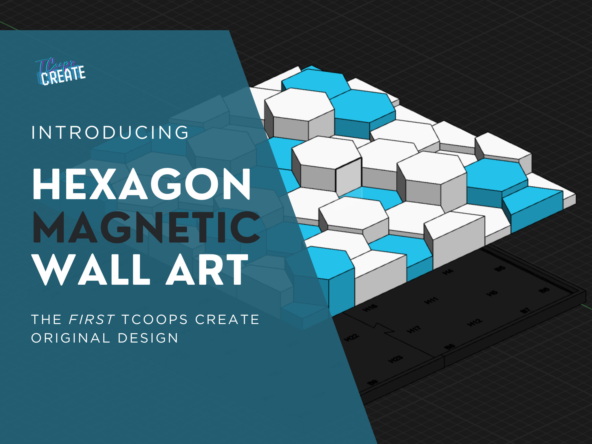 Introducing the Hexagon Wall Art Design (Presentation (43)) A 3D rendered image of a modular hexagonal wall art design. The image is split diagonally, with a teal-colored section on the left containing white text introducing the product, and a visualization of the actual design on the right. The design shows multiple hexagonal tiles arranged in a grid pattern, with some tiles in white, some in gray, and others in bright blue, creating a dynamic three-dimensional effect. Each hexagonal piece appears to have different heights, creating depth and visual interest. The background is black with a subtle grid pattern, and beneath the main design is a technical drawing or blueprint visible at the bottom edge.