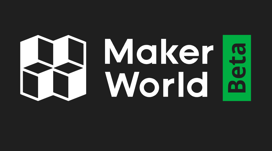 Logo of Maker World in beta version, featuring a geometric design with three-dimensional cubes and the brand name in bold modern typography against a dark background.