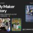 Alt text: A collage featuring a maker's journey. The left image shows a person working with a 3D printer in a creative workspace. The center image displays a close-up of a 3D printer's nozzle. The right image features a basket filled with various crafting tools. The background is dark, with the text "My Maker Story" prominently displayed.