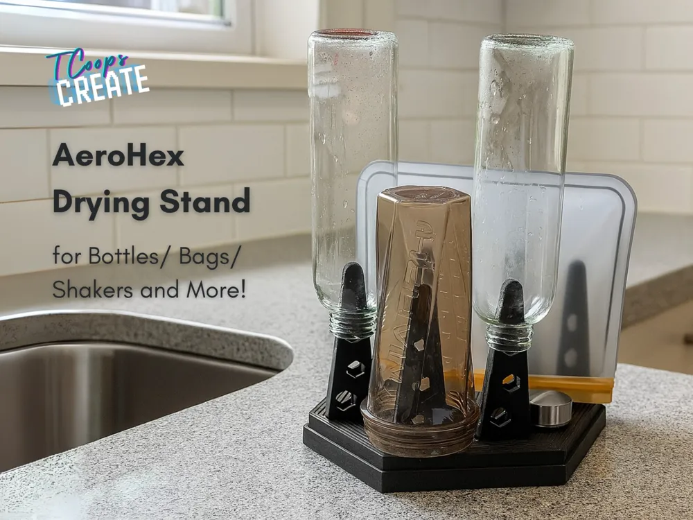 AeroHex drying stand featuring multiple compartments for drying bottles, bags, shakers, and more, set on a kitchen countertop near a sink. Ideal for efficient kitchen organization and drying.
